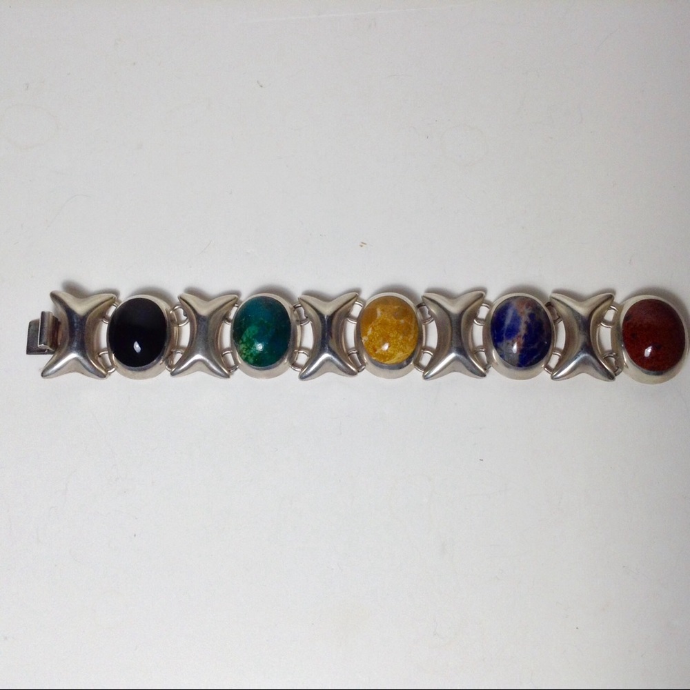 Taxco Oval Link Sterling Silver Gemstone Bracelet